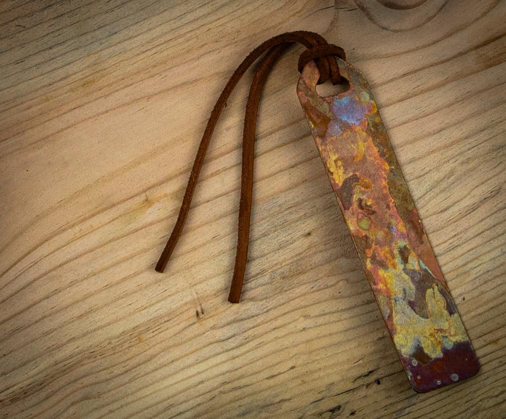 Handmade Copper Bookmark with Leather Tassel, Made in USA (Patina)