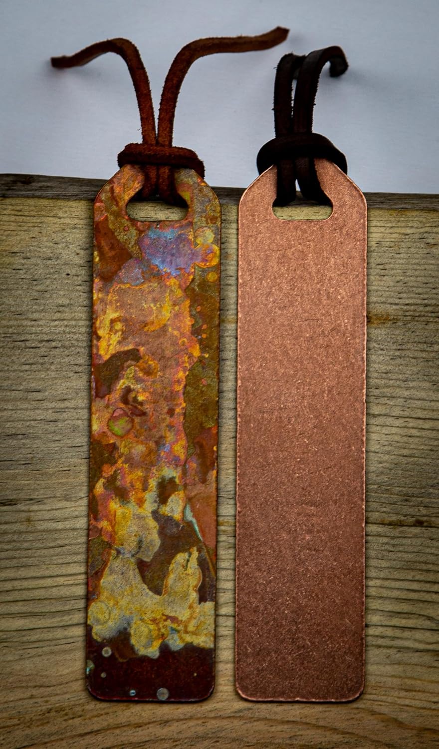 Handmade Copper Bookmark with Leather Tassel, Made in USA (Patina)